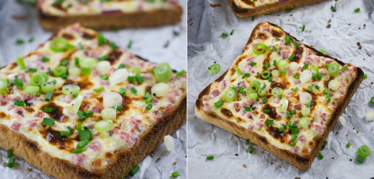 Flammkuchen-Toast mit Creme Fraiche, Speck und Zwiebeln