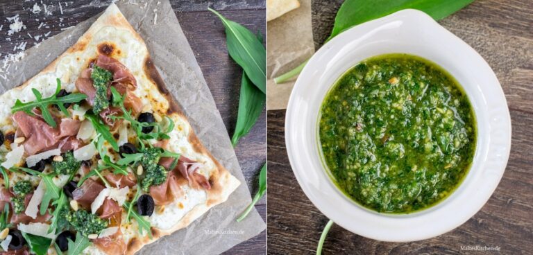 Rezept Flammkuchen mit Schinken, Oliven und Bärlauchpesto