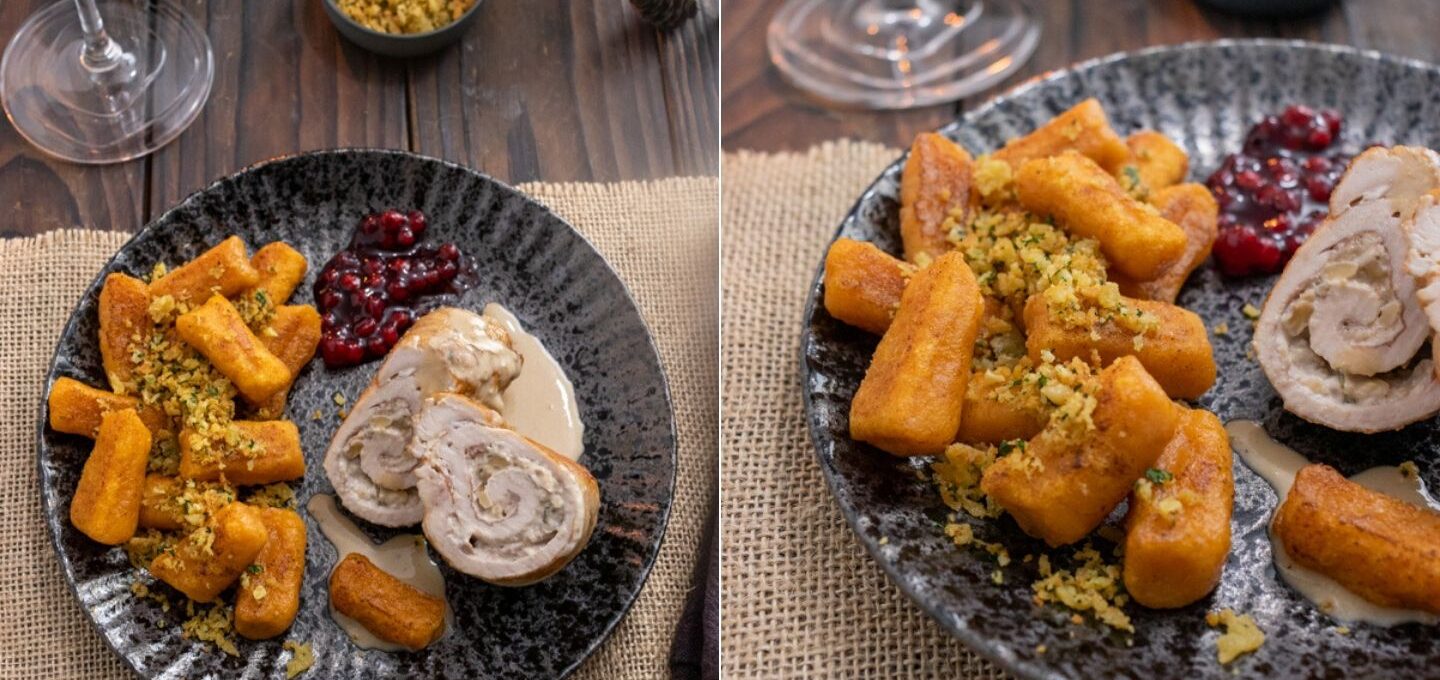 Rezept für eine gefülllte Putenroulade mit Süßkartoffel Gnocchi