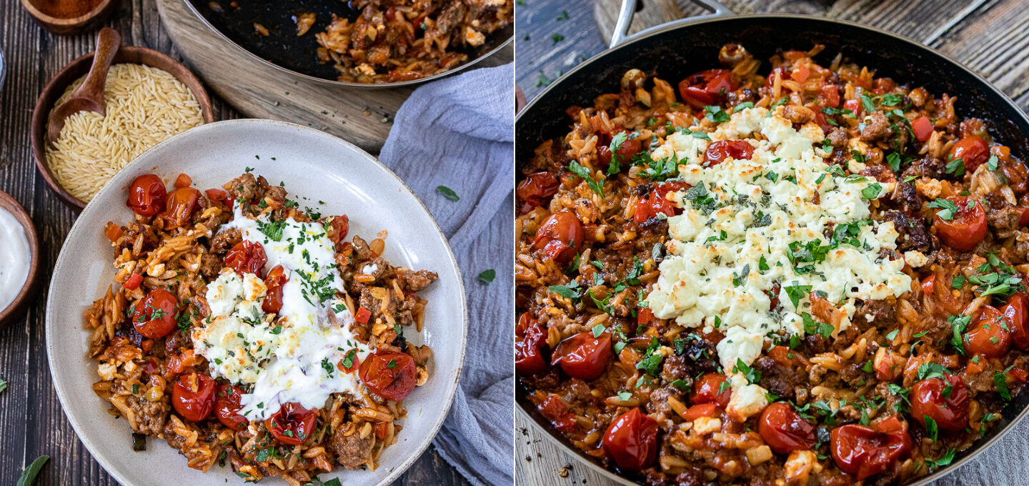 Rezept Hackflesichpfanne mit Kritharaki und feta