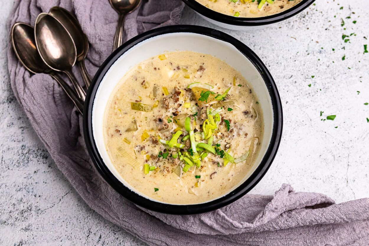 Rezept Käse-Lauch-Suppe mit Hackflesich und Kartoffeln