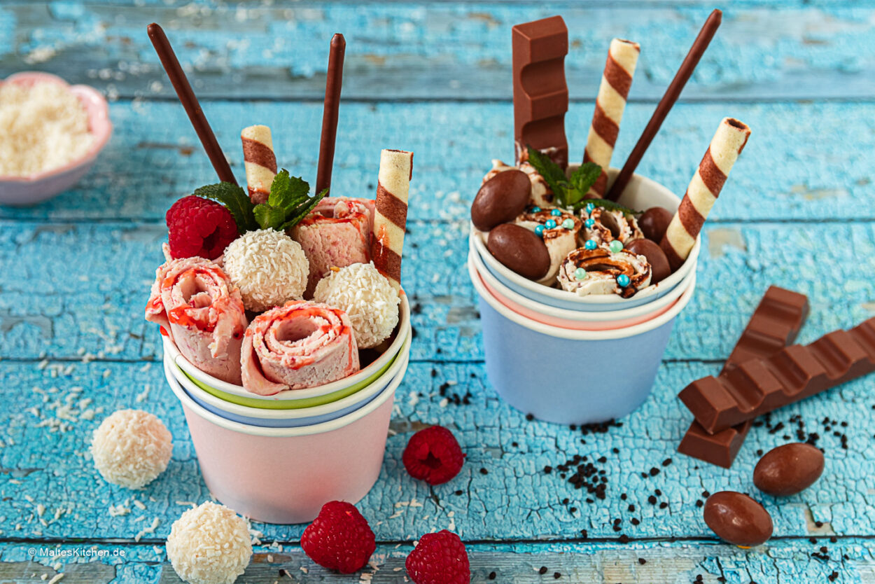 Ice Rolls Mit Raffaello Und Himbeeren Kinderschokolade Eis Rollen 