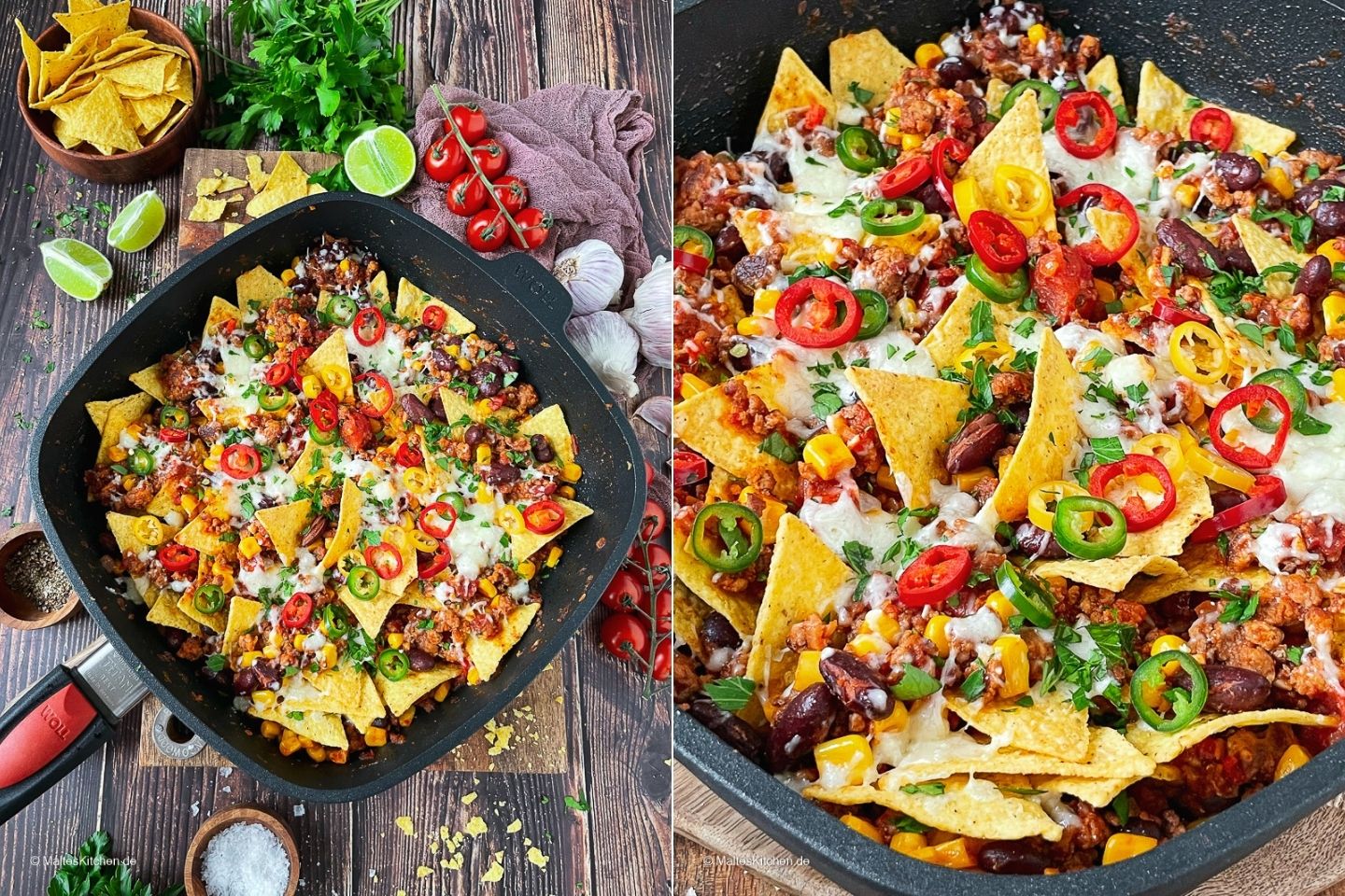 Schnelle Nachopfanne mit Hackfleisch, Mais, Kidneybohnen und viel Käse