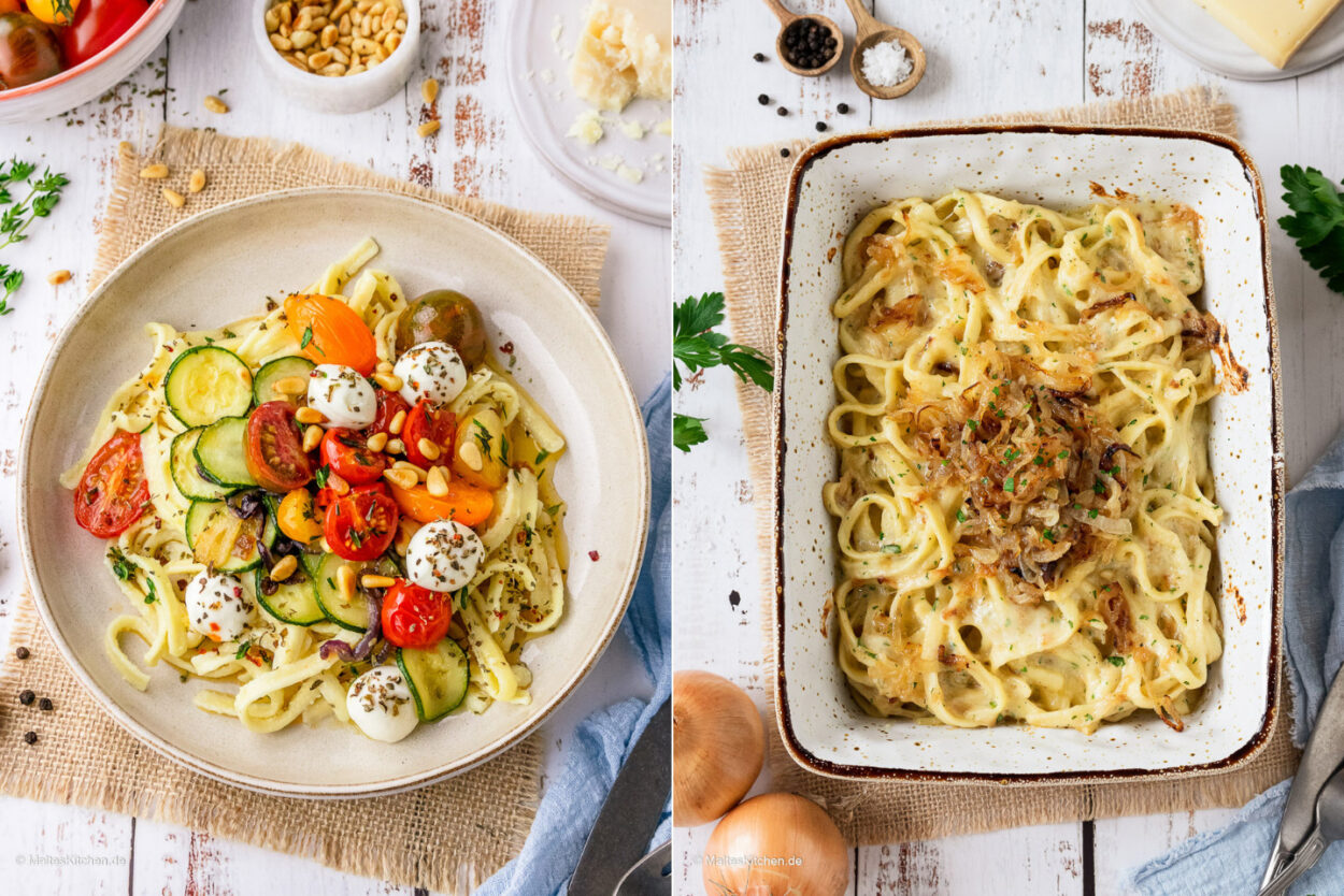 Klassische Kasespatzle Und Sommerliche Spatzle Mit Zucchini Geschmorten Tomaten Mozzarella 