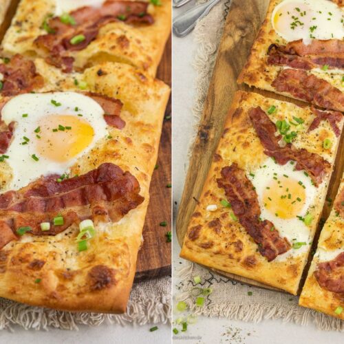 Pizza mit Bacon, Käse, Spiegelei zum Frühstück
