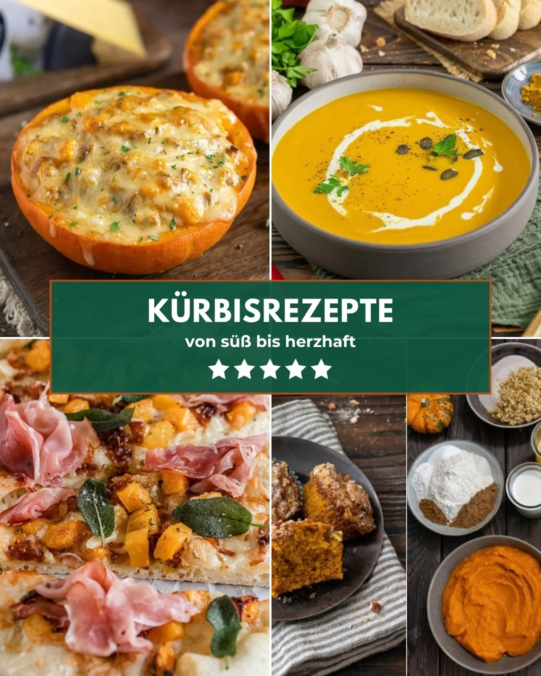Collage mit vier Kürbisgerichten: gefüllter Kürbis, Kürbissuppe, Kürbis-Pizza und Kürbis-Muffins