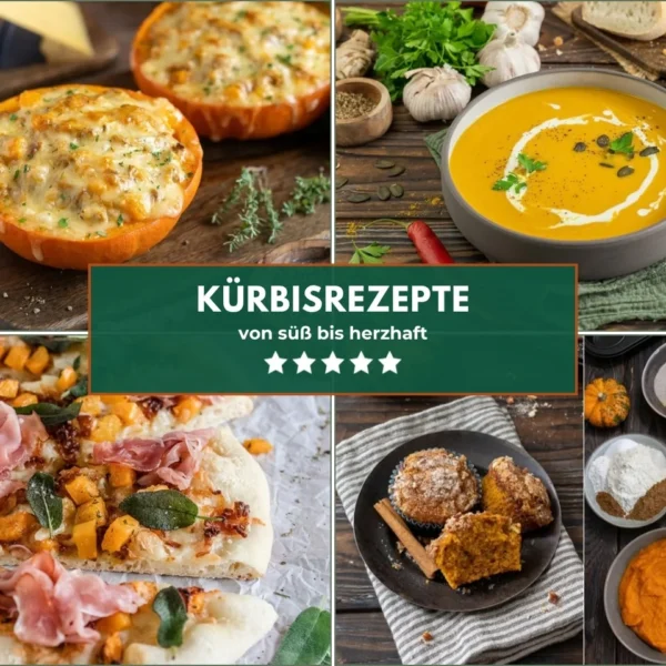 Collage mit vier Kürbisgerichten