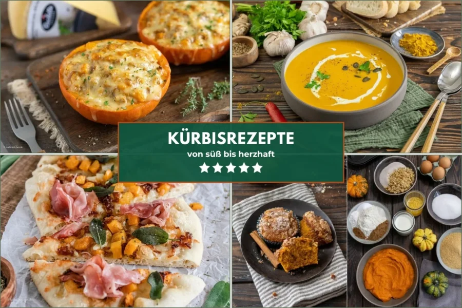 Collage mit vier Kürbisgerichten