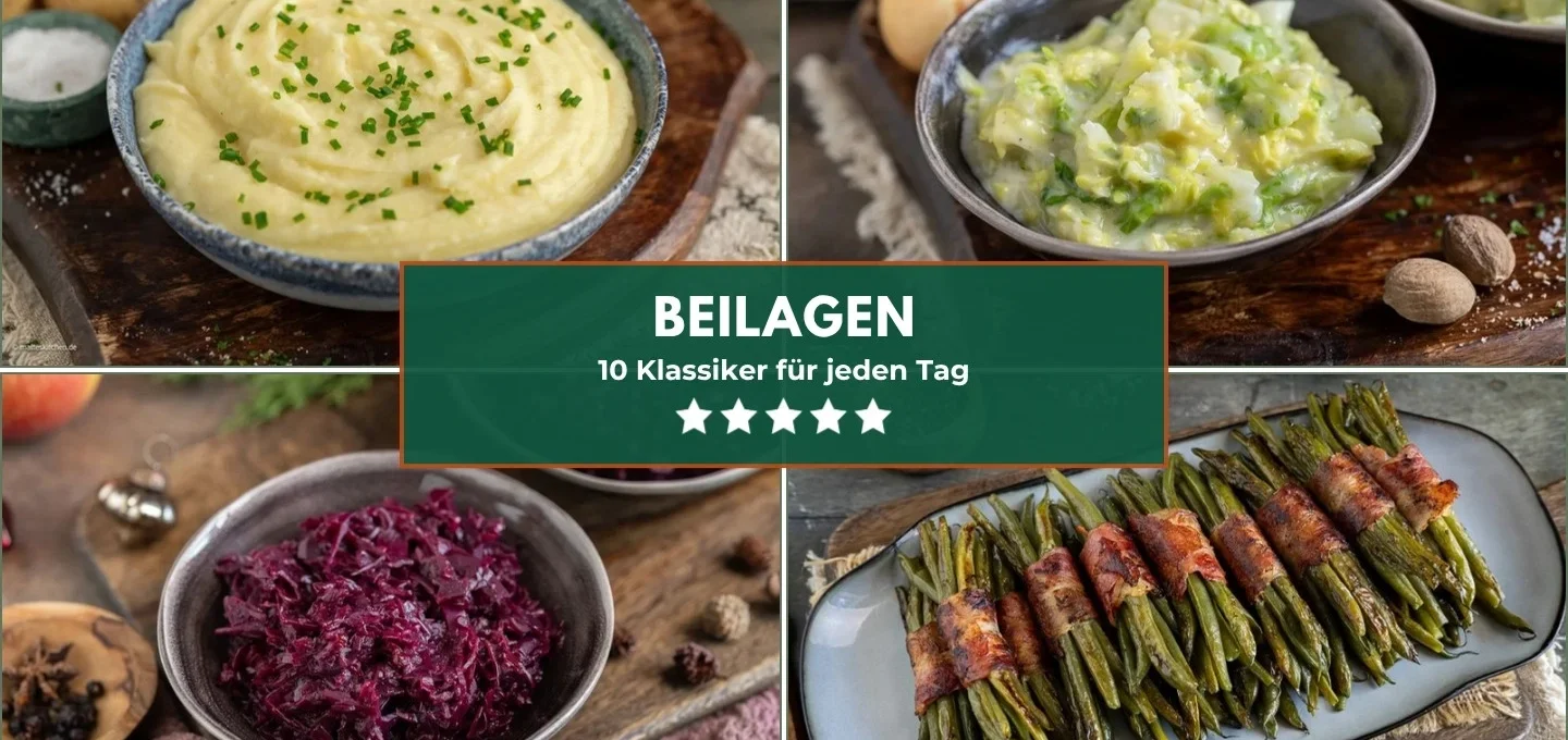 Collage mit vier Beilagen Rezepten: Kartoffelpüree mit Schnittlauch, Rahmwirsing, Rotkohl und grüne Bohnen im Speckmantel