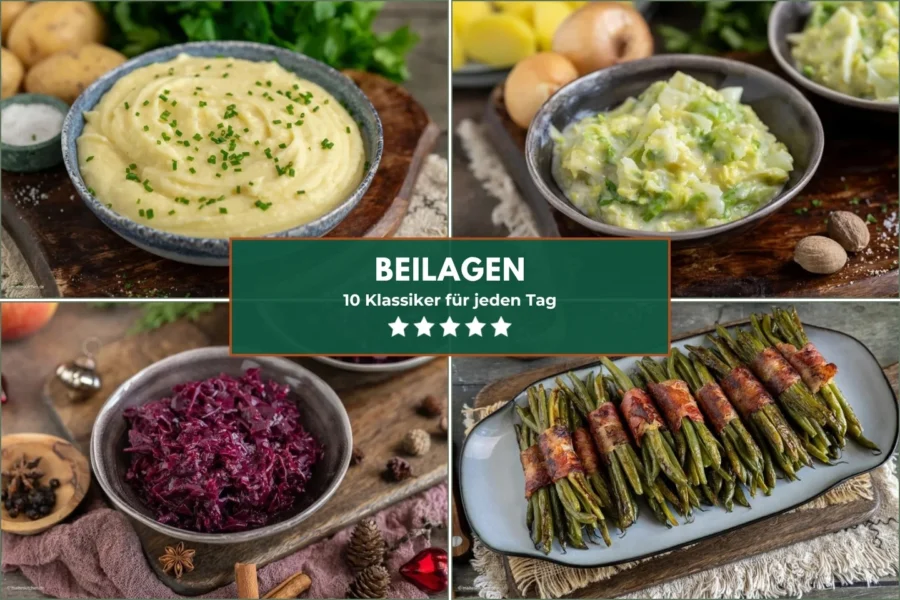 Collage mit vier Beilagen Rezepten: Kartoffelpüree mit Schnittlauch, Rahmwirsing, Rotkohl und grüne Bohnen im Speckmantel